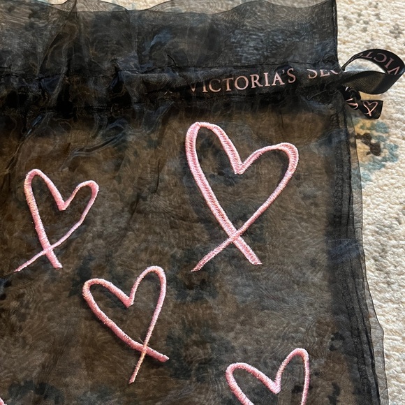 Victoria's Secret Black Mesh Bag with Pink Embroidered Hearts - Picture 4 of 12